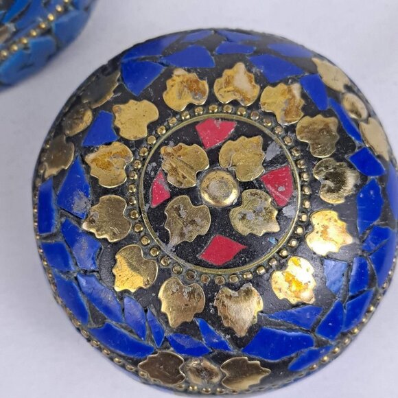 Nesting Trinket Boxes (3) Blue & Red Flat Stone with Gold Accents Handmade NWOT - Picture 5 of 11